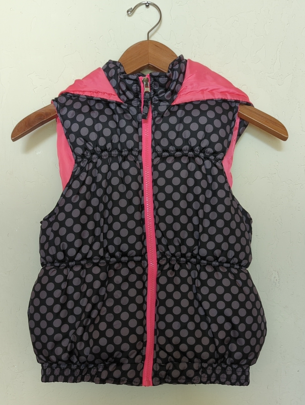 Pink Platinum Black & Gray Polka Dot Pink Lined Hooded Puffer Vest Size 10/12